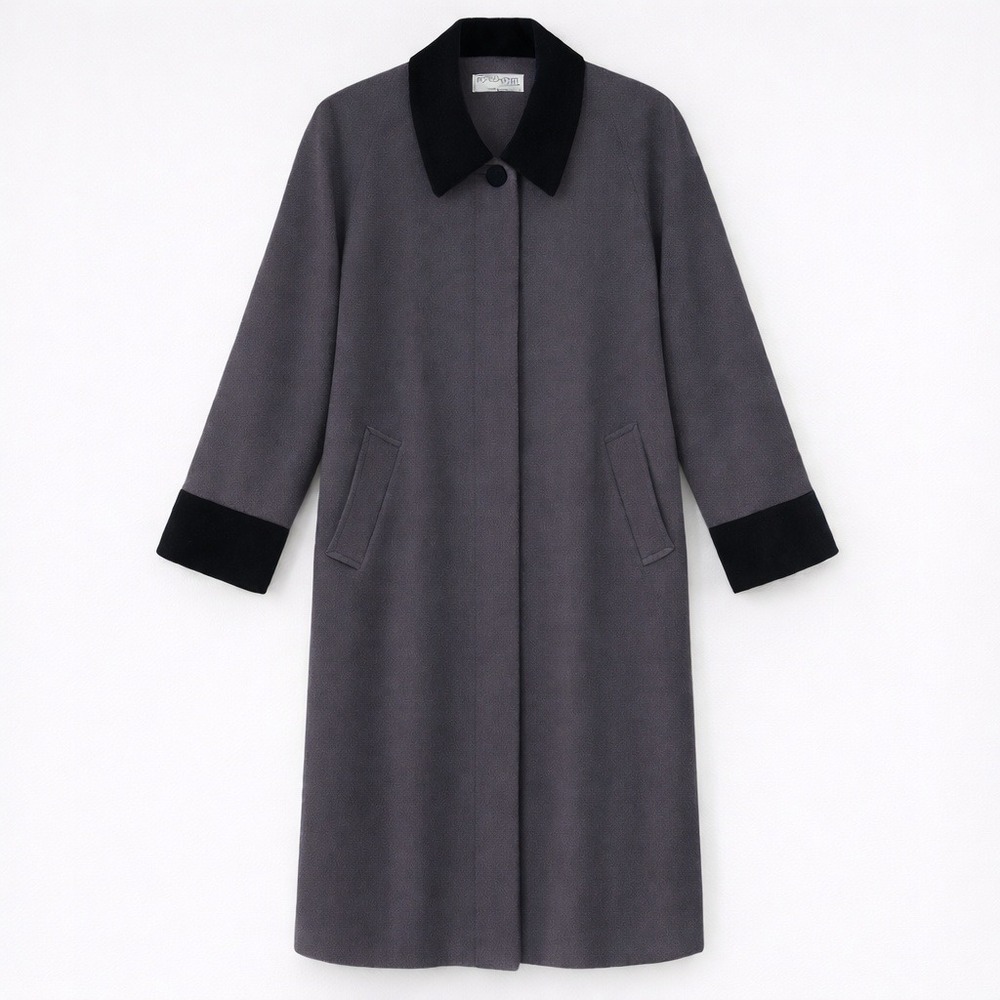 Vtg Gray 100% Wool Maxi Coat 10 Velvet Black Collar Old Money Quiet‎ Lux Winter